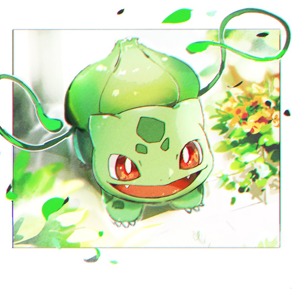 :d border bright_pupils bulbasaur commentary_request fangs gen_1_pokemon leaves_in_wind nao_(naaa_195) no_humans open_mouth plant pokemon pokemon_(creature) red_eyes smile solo tongue vines white_border white_pupils