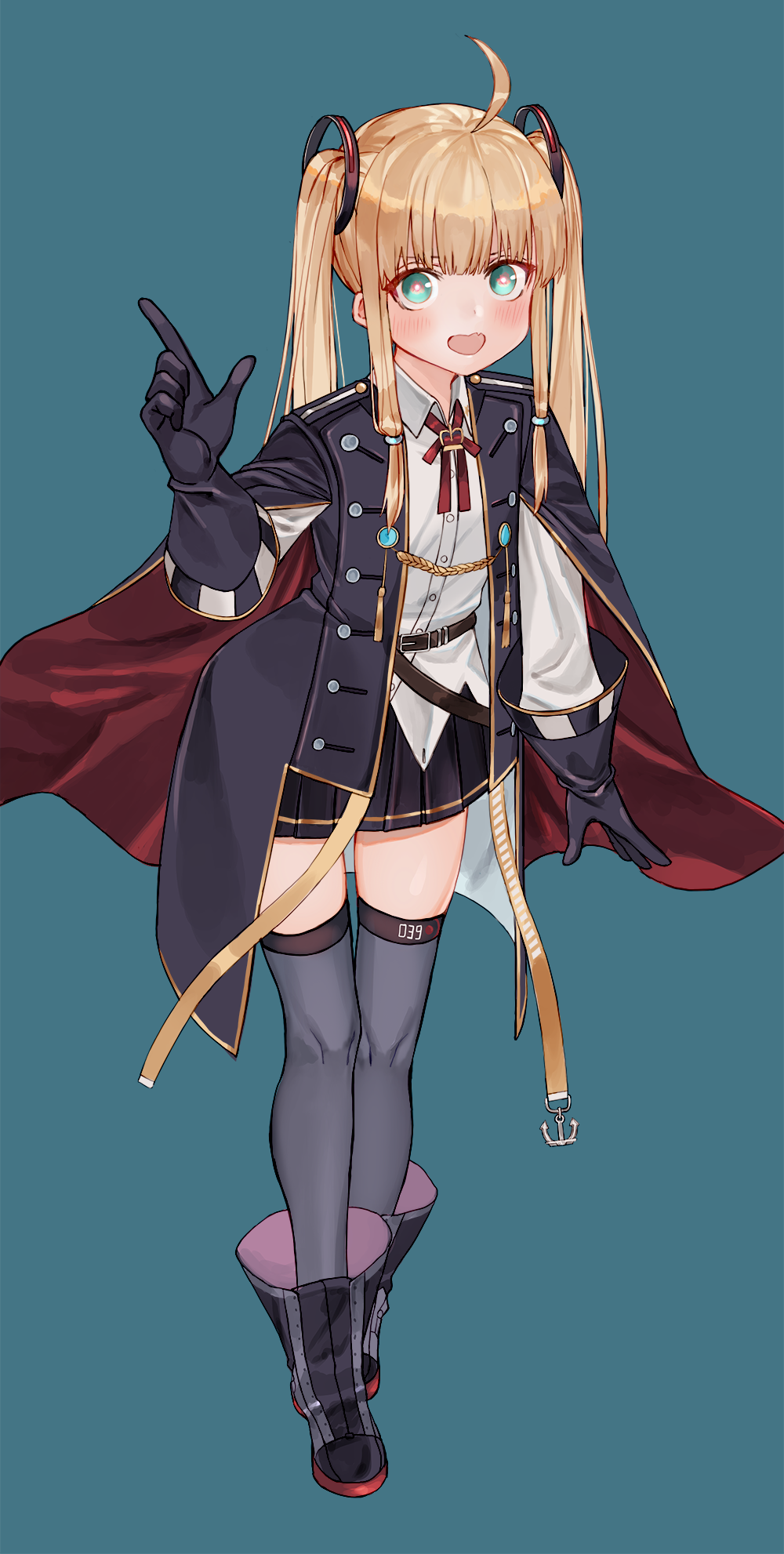 1girl :d ahoge amazon_(azur_lane) azur_lane black_cape black_coat black_footwear black_gloves black_skirt blonde_hair blue_background boots bright_pupils cape coat collared_shirt full_body gloves green_eyes grey_legwear highres index_finger_raised leaning_forward long_hair long_sleeves looking_at_viewer luicent miniskirt neck_ribbon open_mouth pleated_skirt red_neckwear red_ribbon ribbon sanpaku shirt simple_background skirt smile solo thigh-highs twintails two-sided_cape two-sided_fabric untucked_shirt white_pupils white_shirt wing_collar