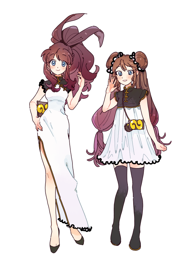 2girls alternate_costume bangs bare_arms black_footwear blue_eyes blush brown_hair closed_mouth commentary_request curly_hair double_bun dress eyebrows_visible_through_hair eyelashes hagetapo hand_on_hip hand_up high_ponytail hilda_(pokemon) knees long_hair multiple_girls parted_lips pokemon pokemon_(game) pokemon_bw pokemon_bw2 rosa_(pokemon) shoes sidelocks smile tied_hair twintails white_dress