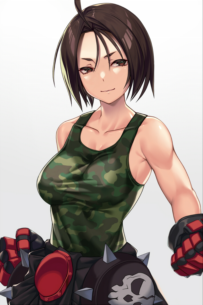 1girl ahoge biker_clothes black_hair blush breasts brown_eyes brown_hair camouflage camouflage_tank_top gloves kazama_akira looking_at_viewer medium_breasts rival_schools short_hair simple_background smile solo street_fighter street_fighter_v takanashi-a tank_top