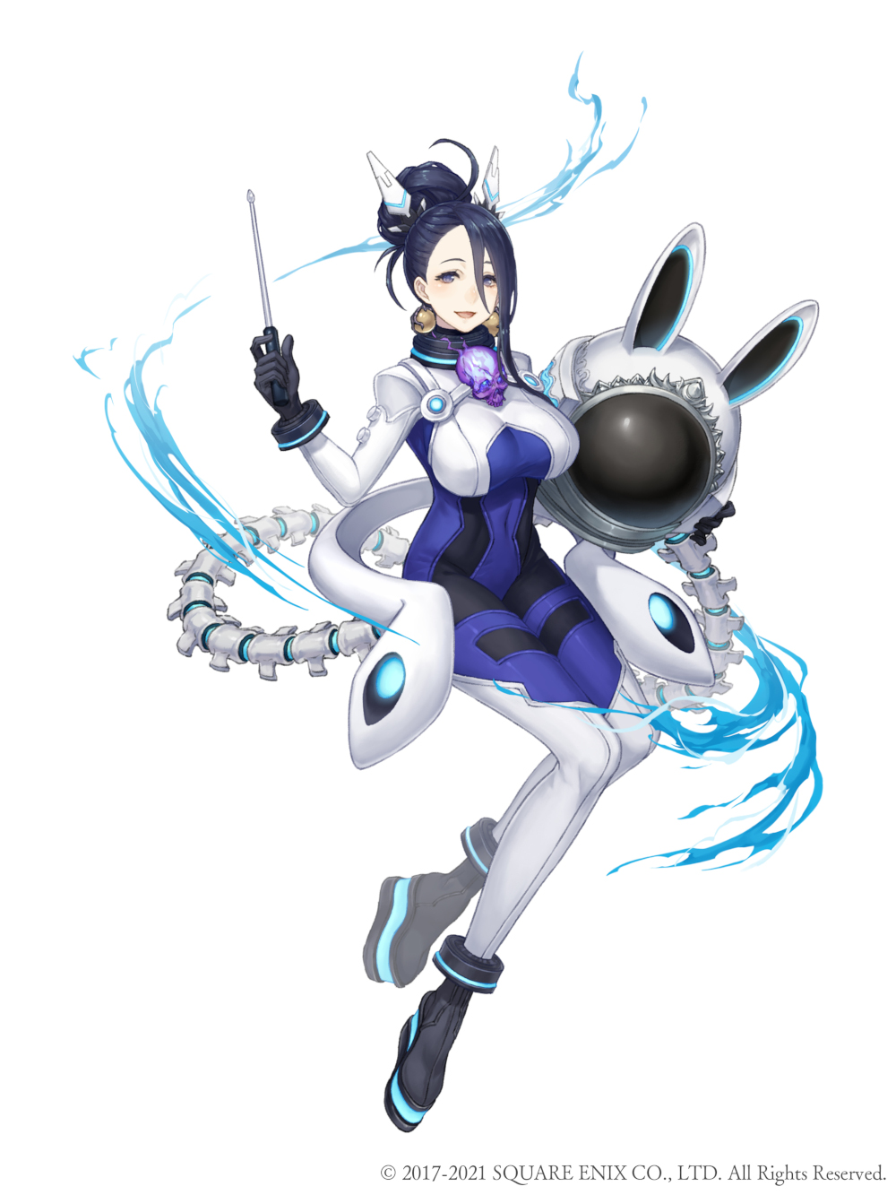 1girl :d animal_ears animal_ears_helmet black_hair bodysuit breasts covered_navel earrings full_body hair_bun hair_pulled_back headwear_removed helmet helmet_removed highres holding holding_helmet jewelry ji_no kaguya_(sinoalice) large_breasts looking_at_viewer official_art open_mouth rabbit_ears sinoalice skin_tight skull smile solo spacesuit square_enix white_background