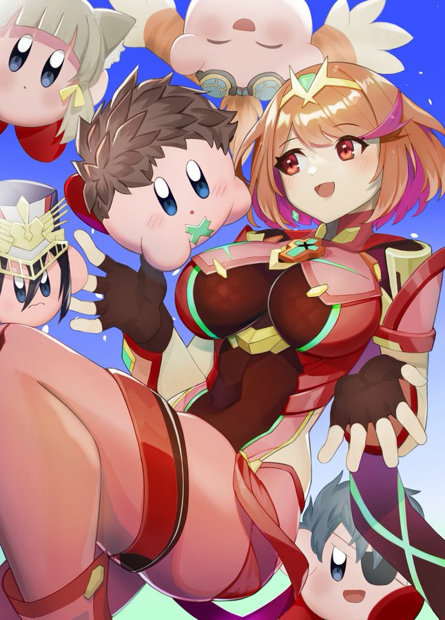 1girl bangs black_gloves breasts chest_jewel earrings fingerless_gloves gloves jewelry katwo kirby kirby_(series) large_breasts morag_ladair_(xenoblade) nia_(xenoblade) pyra_(xenoblade) red_eyes red_legwear red_shorts redhead rex_(xenoblade) short_hair short_shorts shorts super_smash_bros. swept_bangs thigh-highs tiara tora_(xenoblade_2) xenoblade_chronicles_(series) xenoblade_chronicles_2 zeke_von_genbu_(xenoblade)