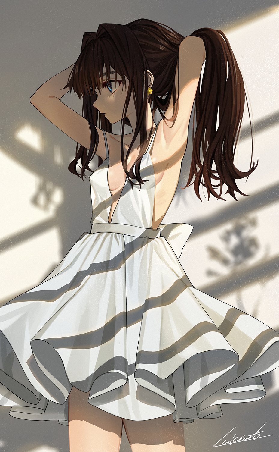 1girl armpits blue_eyes breasts brown_hair bunching_hair closed_mouth cowboy_shot dress earrings elisia_valfelto from_side hair_intakes hands_up highres jewelry luicent original profile signature sleeveless sleeveless_dress small_breasts solo spaghetti_strap standing star_(symbol) star_earrings twintails white_dress