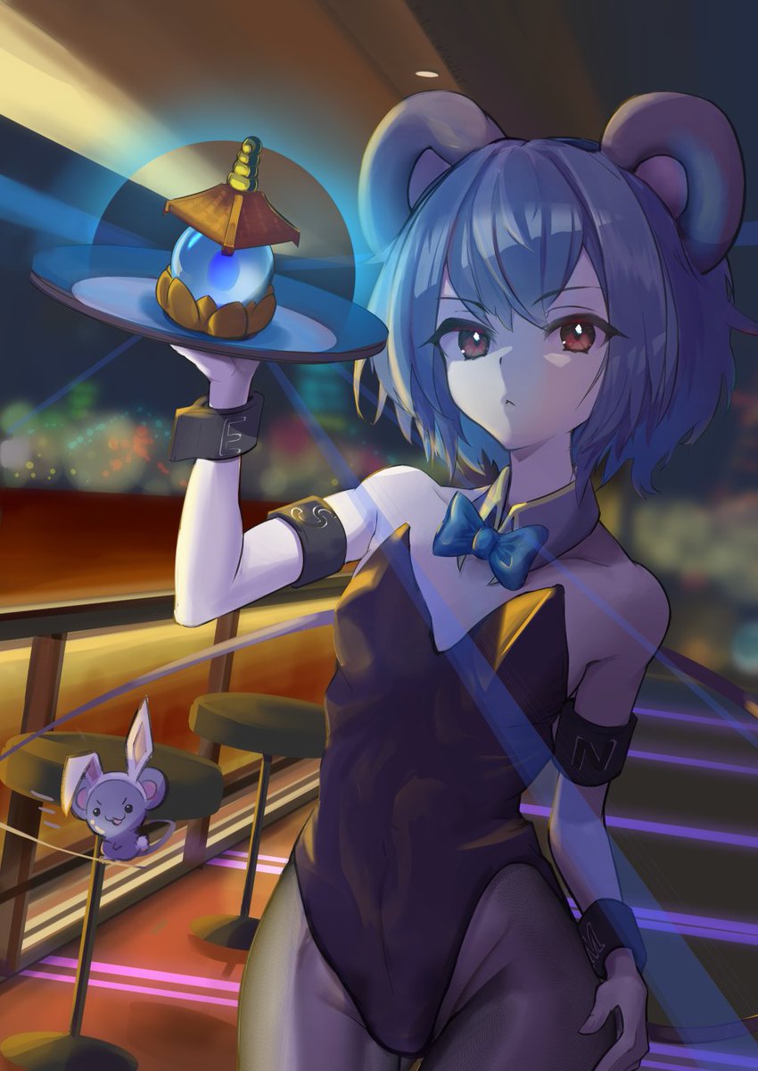1girl animal_ears armband bangs bar black_leotard blue_bow bow breasts detached_collar grey_hair highres indoors kakedashi lamp leotard mouse mouse_ears mouse_girl mouse_tail nazrin necktie pantyhose red_eyes short_hair small_breasts stool tail touhou tray wristband