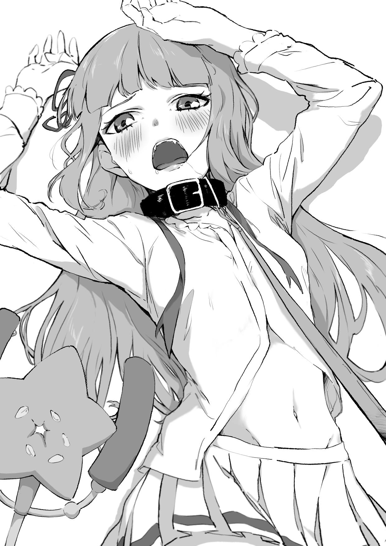 1girl belt_collar blush breasts collar copyright_request cowboy_shot greyscale hands_up highres long_sleeves looking_at_viewer miniskirt monochrome navel open_mouth osame pleated_skirt shirt skirt small_breasts solo star_wand stomach viewer_holding_leash wand white_background