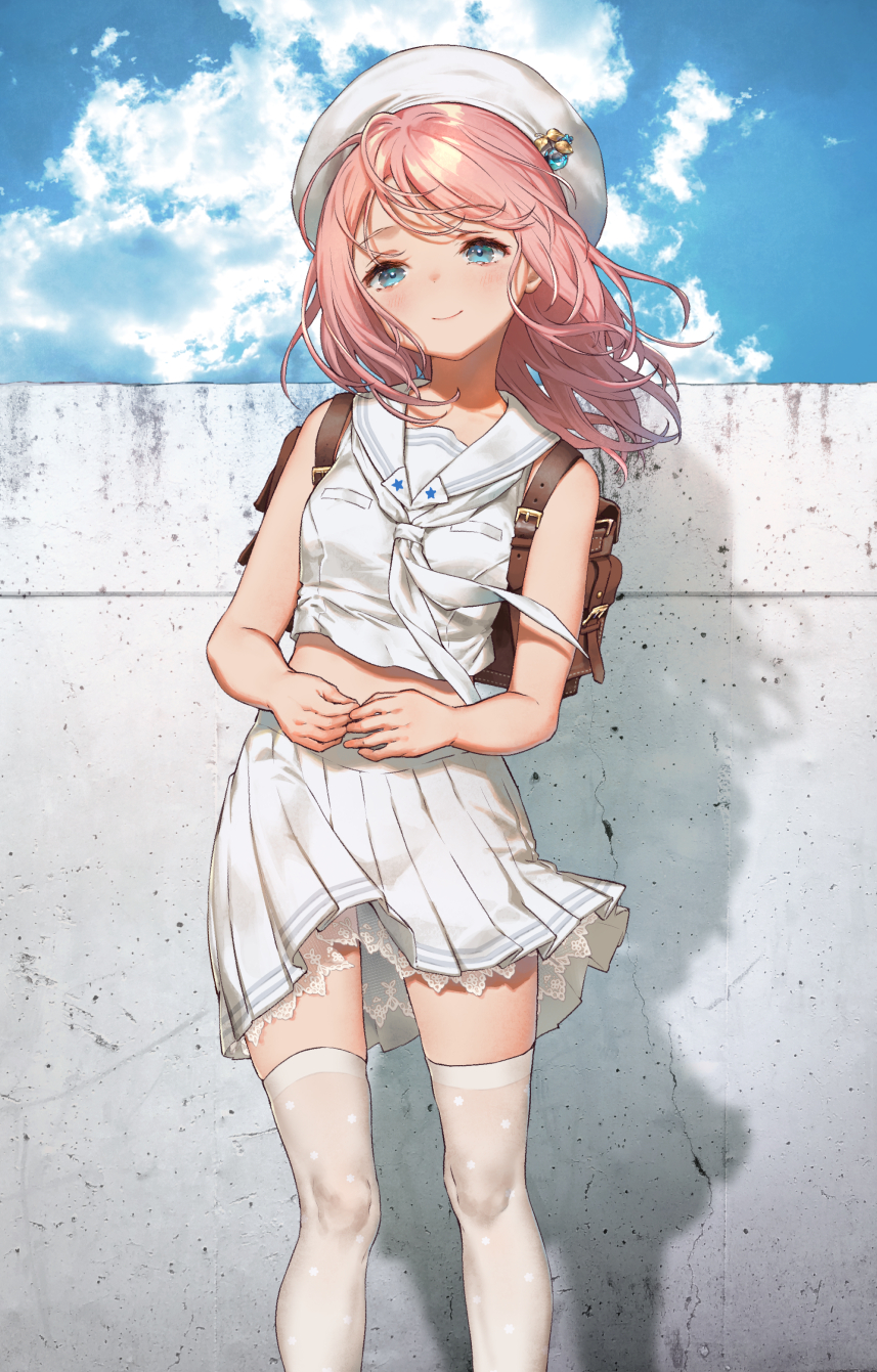 1girl backpack bag bare_arms bare_shoulders beret blue_eyes clouds commentary crop_top day hat highres long_hair looking_at_viewer midriff neckerchief original outdoors pink_hair pleated_skirt sailor_collar school_uniform serafuku shadow shirt skirt sky sleeveless sleeveless_shirt smile solo standing thigh-highs white_headwear white_legwear white_serafuku white_shirt white_skirt yutsumoe zettai_ryouiki