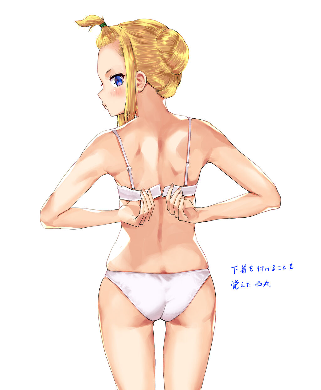 1girl arms_behind_back artist_name ass blonde_hair blush bra character_request copyright_request cowboy_shot dressing from_behind hair_bun half_updo highres looking_at_viewer looking_back original panties pants parted_lips rubber_band shiny shiny_hair shiny_skin sidelocks signature simple_background solo thighs tied_hair topknot tsumuji_magari_x_spring underwear underwear_only violet_eyes white_background white_bra white_pants yumeno_tanuki