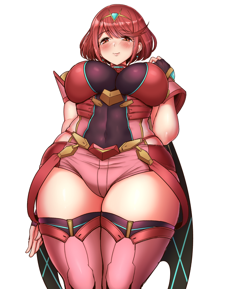 1girl bangs black_gloves breasts chest_jewel earrings fingerless_gloves gloves jewelry large_breasts pyra_(xenoblade) red_eyes red_legwear red_shorts redhead short_hair short_shorts shorts solo swept_bangs thigh-highs tiara tyranu xenoblade_chronicles_(series) xenoblade_chronicles_2