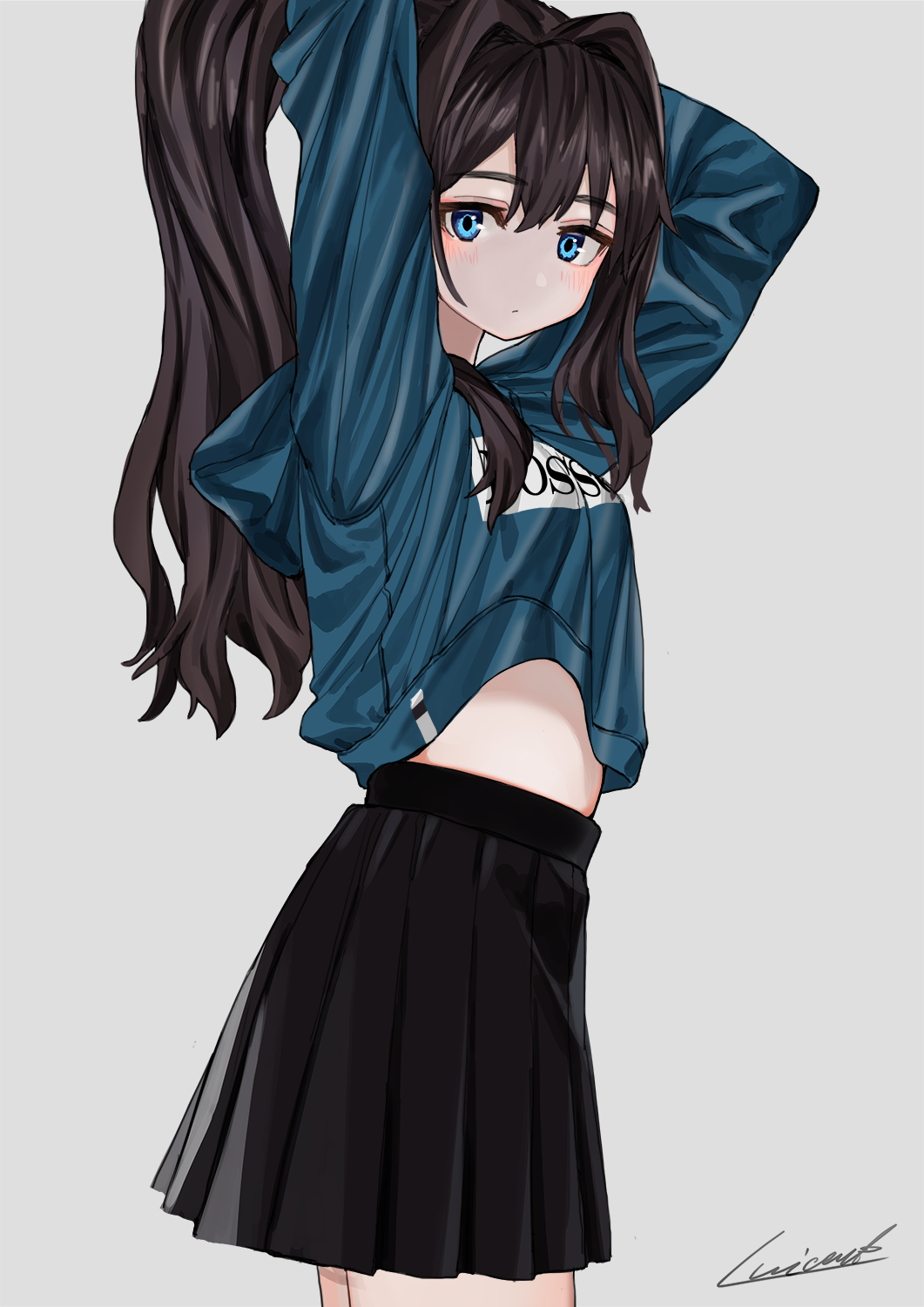 1girl black_skirt blue_eyes blue_shirt blush brown_hair bunching_hair closed_mouth clothes_lift clothes_writing cowboy_shot elisia_valfelto from_side hair_intakes hands_above_head high_ponytail highres long_hair long_sleeves looking_at_viewer looking_to_the_side luicent midriff miniskirt original pleated_skirt shirt shirt_lift signature simple_background skirt solo white_background
