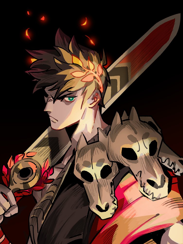 1boy artist_request black_hair black_sclera colored_sclera greek_clothes green_eyes hades_(game) heterochromia laurel_crown looking_at_viewer male_focus red_eyes simple_background single_bare_shoulder skull smile solo zagreus_(hades)