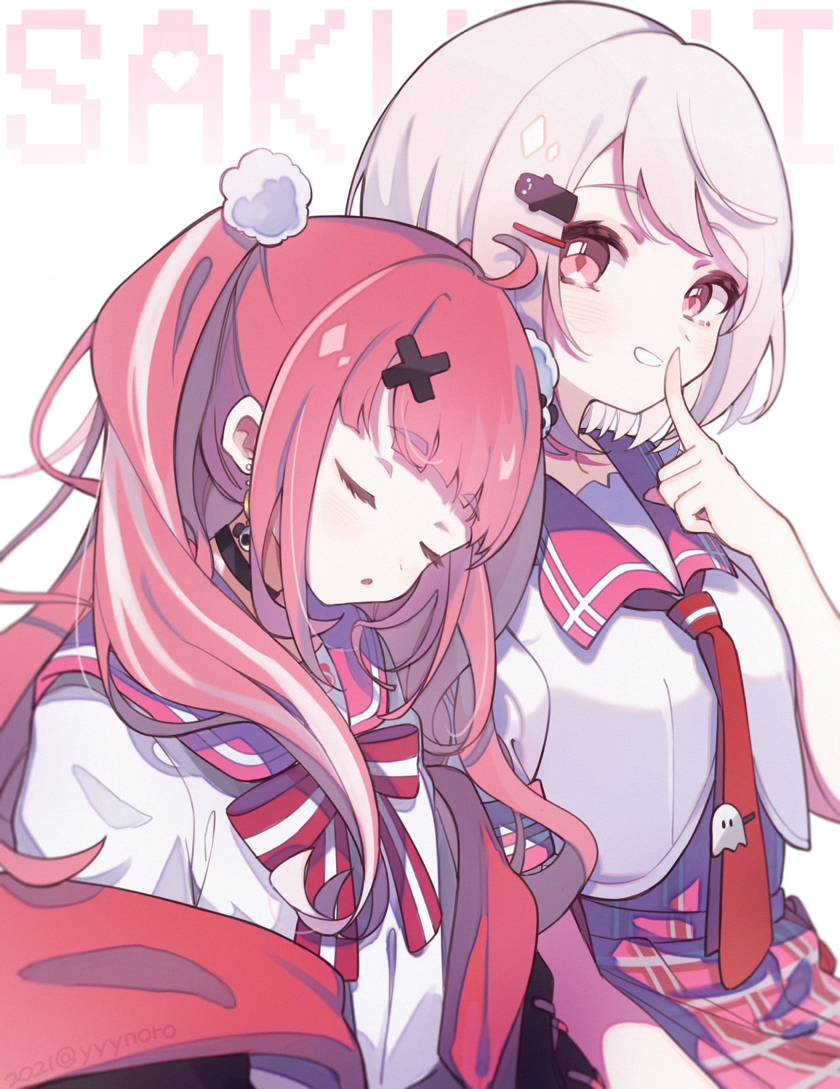 2girls :o background_text blush bow breasts captain_yue closed_eyes commentary finger_to_mouth grey_hair hair_ornament hairclip heart long_hair multicolored_hair multiple_girls nijisanji parted_lips pink_skirt plaid plaid_skirt red_bow red_neckwear red_sailor_collar redhead sailor_collar sasaki_saku shiina_yuika shirt shushing simple_background skirt sleeping small_breasts smile streaked_hair striped striped_bow symbol-only_commentary very_long_hair virtual_youtuber white_background white_shirt x_hair_ornament