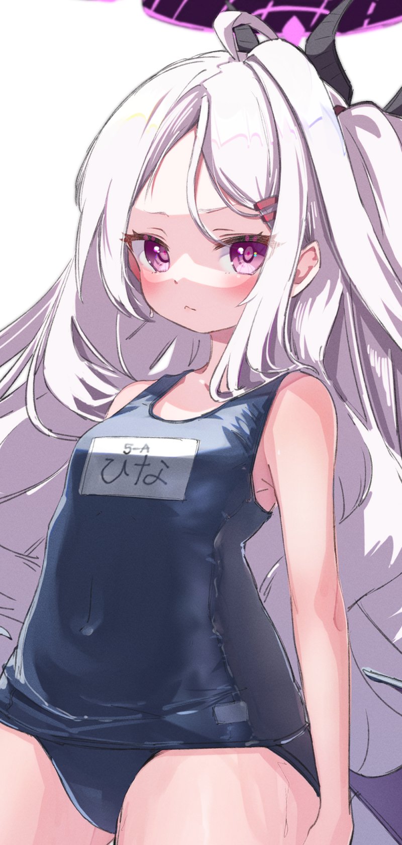 1girl :&lt; ahoge blue_archive blush character_name clothes_writing covered_navel flat_chest hair_ornament hairclip highres hina_(blue_archive) long_hair looking_at_viewer namaonpa school_swimsuit simple_background solo swimsuit upper_body violet_eyes white_background white_hair