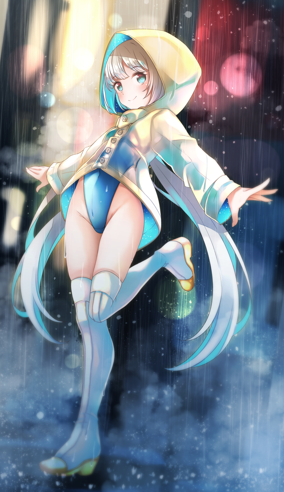 1girl bangs blue_eyes blue_swimsuit blurry blurry_background boots closed_mouth comah covered_navel depth_of_field eyebrows_visible_through_hair full_body grey_hair groin highleg highleg_swimsuit highres hood hood_up hooded_jacket jacket long_sleeves low_twintails original rain see-through smile solo standing standing_on_one_leg swimsuit thigh-highs thigh_boots twintails white_footwear white_legwear yellow_jacket