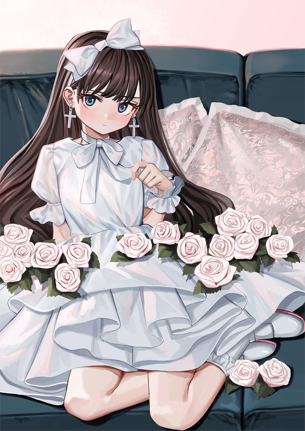 1girl blush bow brown_hair closed_mouth commentary couch cross cross_earrings dress earrings elisia_valfelto english_commentary flower hair_bow hand_up highres jewelry latin_cross long_hair looking_at_viewer luicent on_couch original pillow pink_flower pink_rose rose shoes sitting socks solo white_bow white_dress white_footwear white_legwear wristband yokozuwari