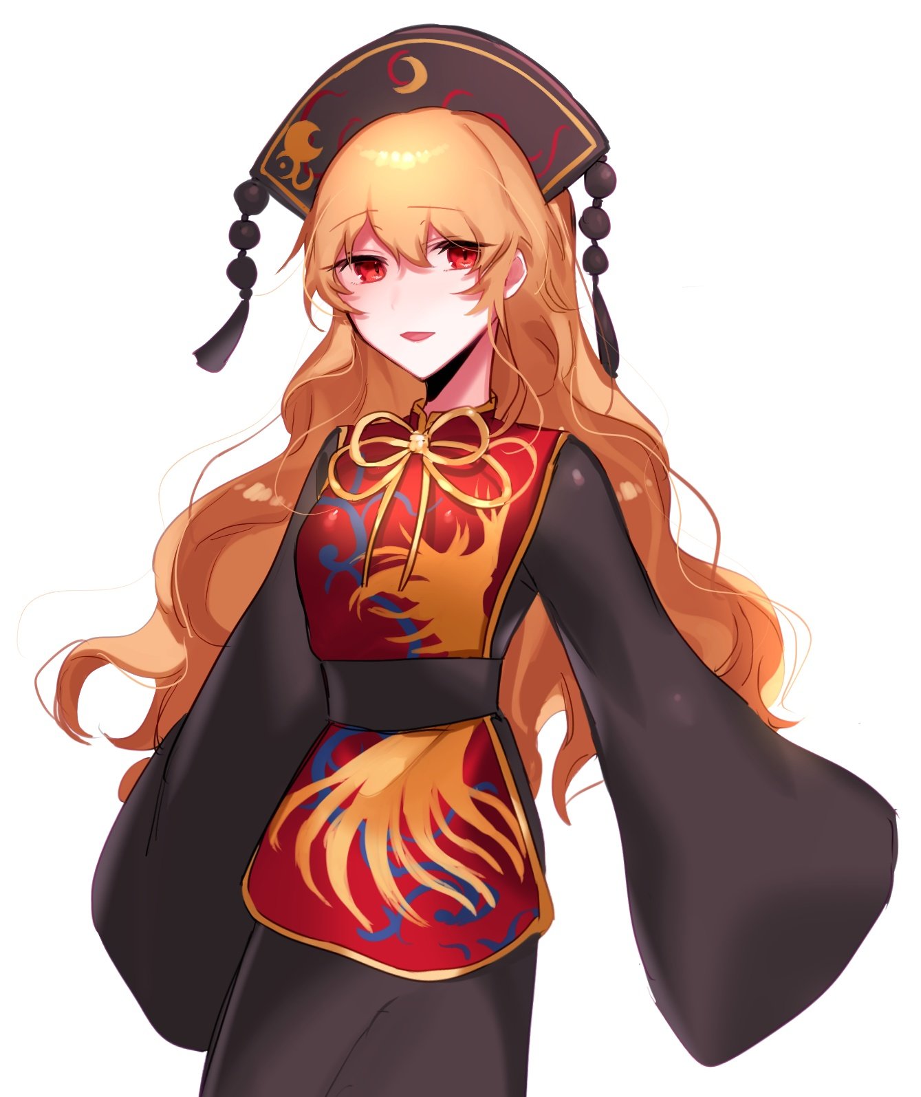 1girl bangs belt black_belt black_dress black_headwear black_sleeves bow bowtie breasts chinese_clothes crescent dress eyebrows_visible_through_hair hair_between_eyes hat highres junko_(touhou) long_hair long_sleeves looking_to_the_side medium_breasts nemachi open_mouth orange_hair phoenix_crown pom_pom_(clothes) red_eyes red_vest simple_background smile solo tabard touhou vest white_background wide_sleeves yellow_bow yellow_neckwear