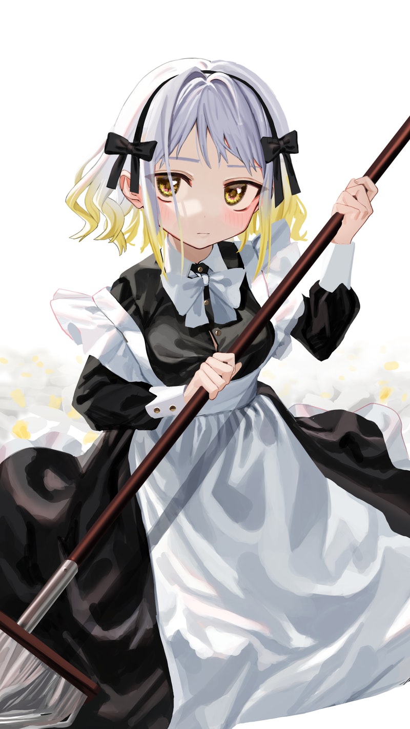 1girl 447_records alternate_costume apron black_bow black_dress blonde_hair blush bow bowtie closed_mouth commission dress enmaided gradient_hair grey_hair hair_bow hairband highres holding holding_mop long_sleeves looking_at_viewer luicent maid maid_apron mop multicolored_hair sanpaku skeb_commission solo virtual_youtuber white_apron white_bow white_neckwear yellow_eyes yuzuha_(yuzuha_virtual)