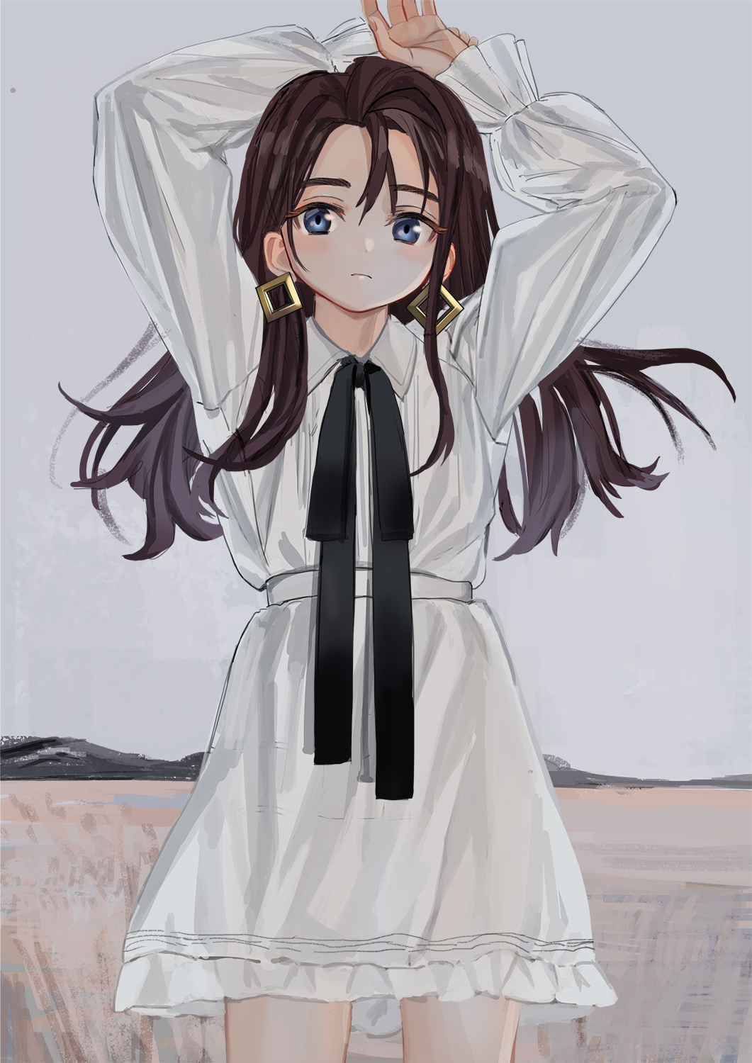 1girl black_neckwear black_ribbon blue_eyes brown_hair closed_mouth cowboy_shot dress earrings elisia_valfelto hands_above_head hands_up highres jewelry long_hair long_ribbon long_sleeves looking_at_viewer luicent neck_ribbon original ribbon solo standing white_dress