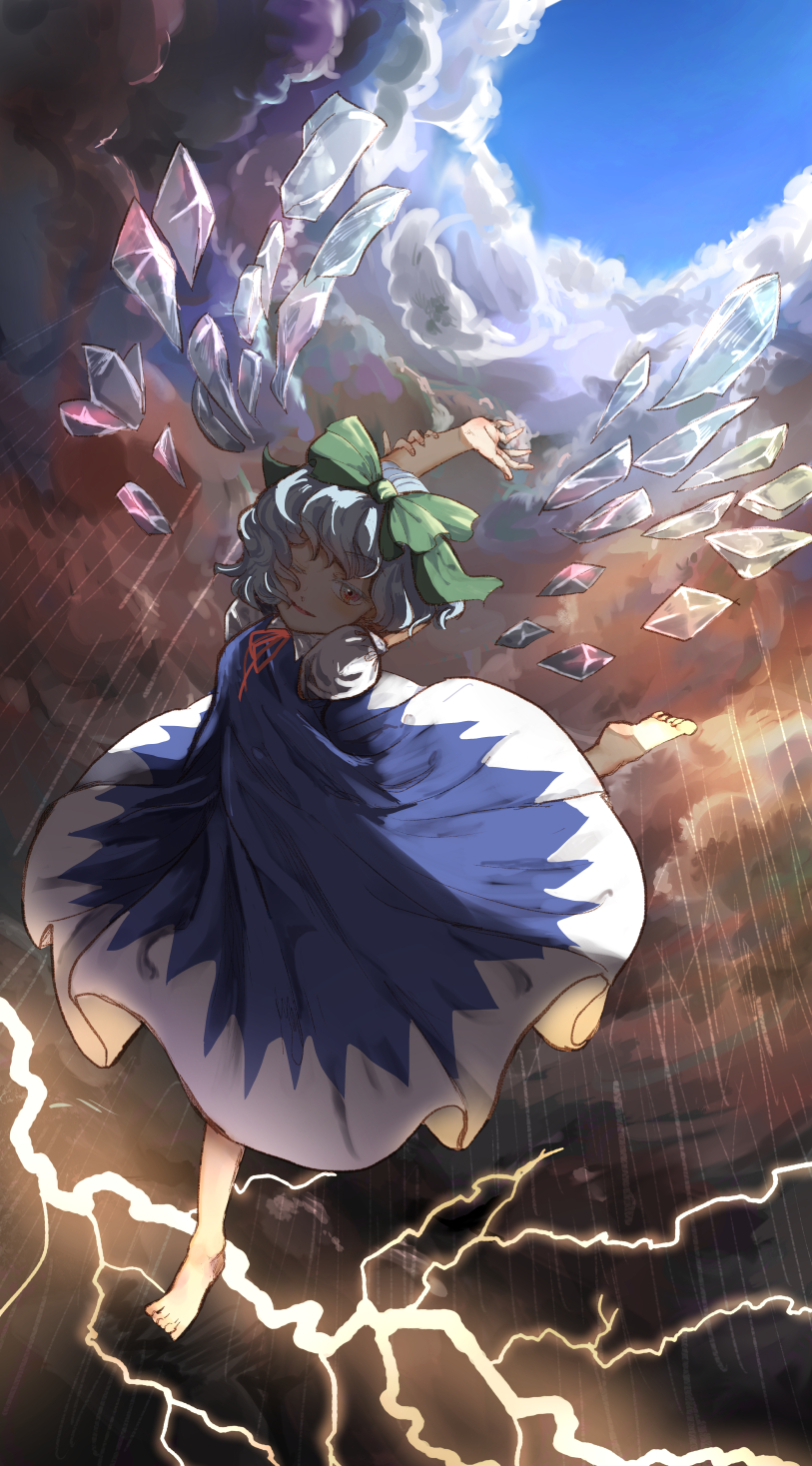 1girl arms_up bangs barefoot blue_dress blue_eyelashes blue_eyes blue_hair blue_sky bow cirno clouds day dress flying green_bow hair_bow highres horo_uguisu ice ice_wings long_dress outdoors puffy_short_sleeves puffy_sleeves red_neckwear short_hair short_sleeves sky thunder touhou wings
