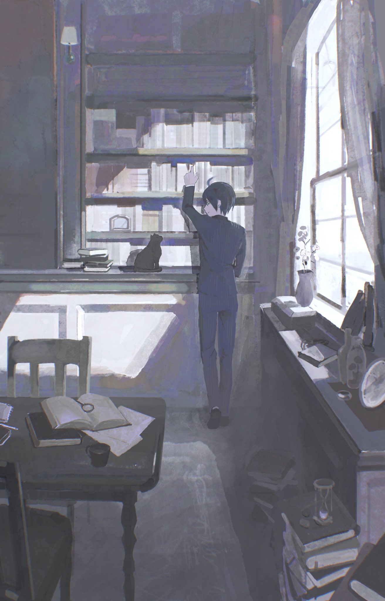 1boy 55ll221 animal arm_up bangs black_footwear black_hair black_jacket black_pants book book_stack bookshelf bottle cat chair cup curtains danganronpa_(series) danganronpa_v3:_killing_harmony flower from_behind highres indoors jacket long_sleeves looking_at_animal looking_to_the_side male_focus open_book pants saihara_shuuichi shoes short_hair solo standing striped striped_jacket table white_flower window