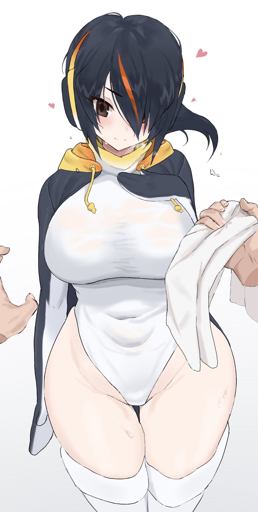 1girl arm_at_side bangs black_hair breasts brown_eyes cardigan closed_mouth covered_navel curvy disembodied_limb drawstring dripping emperor_penguin_(kemono_friends) eyebrows_visible_through_hair eyelashes eyes_visible_through_hair gradient gradient_background groin hair_over_one_eye hand_on_own_chest hand_up head_tilt headphones heart highleg highleg_leotard highres holding holding_towel hood hood_down hooded_cardigan kakanashi1 kemono_friends kneehighs large_breasts leotard long_sleeves looking_at_viewer medium_hair multicolored_hair open_cardigan open_clothes parted_bangs pov redhead smile solo_focus streaked_hair taut_clothes taut_leotard thigh_gap towel two-tone_hair wet wet_clothes wet_face wet_hair white_leotard