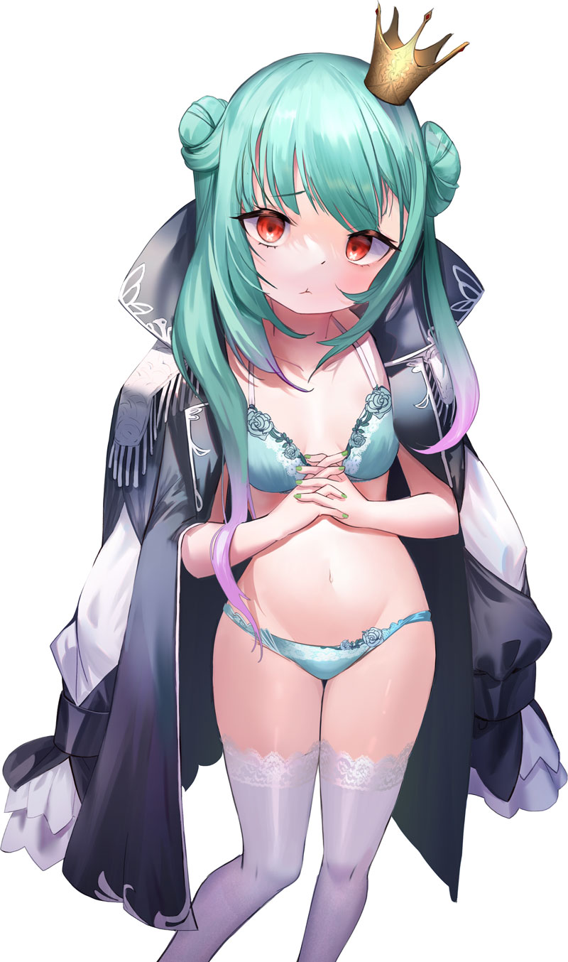 1girl :t bangs bikini black_coat coat coat_on_shoulders commentary_request crown double_bun eyebrows_visible_through_hair feet_out_of_frame flat_chest fuyouchu gradient_hair green_bikini green_hair green_nails hands_clasped highres hololive long_hair long_sleeves looking_at_viewer mini_crown multicolored_hair nail_polish navel own_hands_together pink_hair red_eyes simple_background solo standing stomach swimsuit thigh-highs tilted_headwear twintails uruha_rushia virtual_youtuber white_background white_legwear