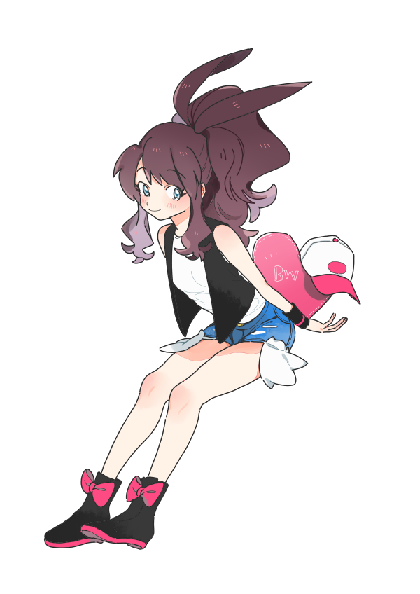 1girl bangs baseball_cap black_vest blush boots bow brown_hair closed_mouth denim denim_shorts eyebrows_visible_through_hair eyelashes footwear_bow full_body hagetapo hat hat_removed headwear_removed high_ponytail hilda_(pokemon) knees long_hair pokemon pokemon_(game) pokemon_bw shirt short_shorts shorts sidelocks simple_background sleeveless sleeveless_shirt smile solo vest white_background white_shirt wristband