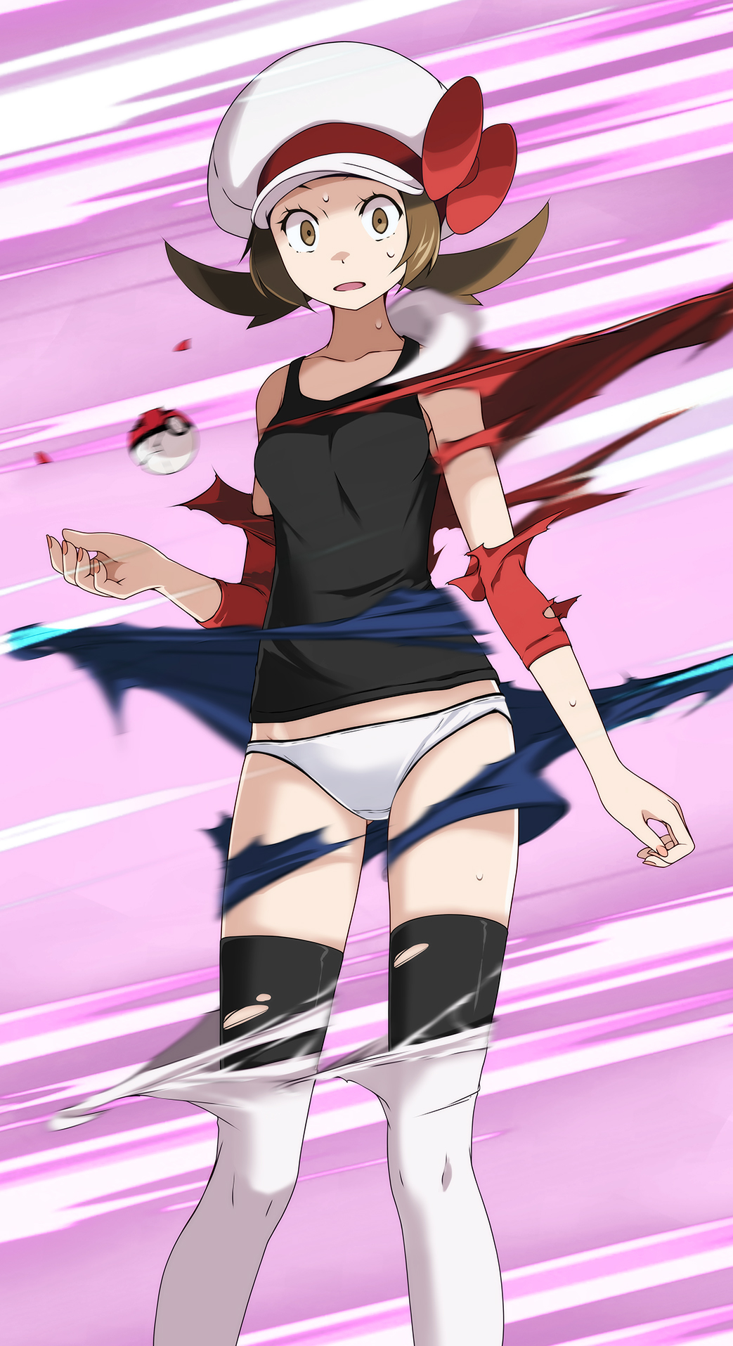 1girl black_shirt bow breasts brown_eyes brown_hair collarbone hat hat_bow hat_ribbon highres holding holding_poke_ball long_hair looking_at_viewer low_twintails lyra_(pokemon) open_mouth panties poke_ball pokemon pokemon_(game) pokemon_hgss purple_background red_bow red_ribbon ribbon scared shiny shiny_hair shirt sleeveless sleeveless_shirt small_breasts solo standing sweatdrop tearing_up thigh-highs torn_clothes torn_legwear tsukishiro_saika twintails underwear white_headwear white_legwear white_panties