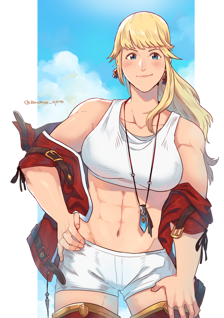 1girl abs armor blonde_hair blue_eyes collarbone crop_top final_fantasy final_fantasy_xiv greaves jacket jewelry lyse_hext muscular muscular_female navel necklace red_jacket sei_(seiryuuden) short_shorts shorts smile solo stomach thigh-highs