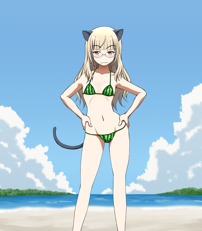 1girl animal_ears beach bikini blonde_hair blush breasts cat_ears cat_tail collarbone eyebrows_visible_through_hair groin hands_on_hips hiro_yoshinaka long_hair looking_at_viewer navel outdoors perrine_h._clostermann shiny shiny_hair shiny_skin sky small_breasts solo strike_witches striped striped_bikini swimsuit tail wavy_mouth world_witches_series yellow_eyes