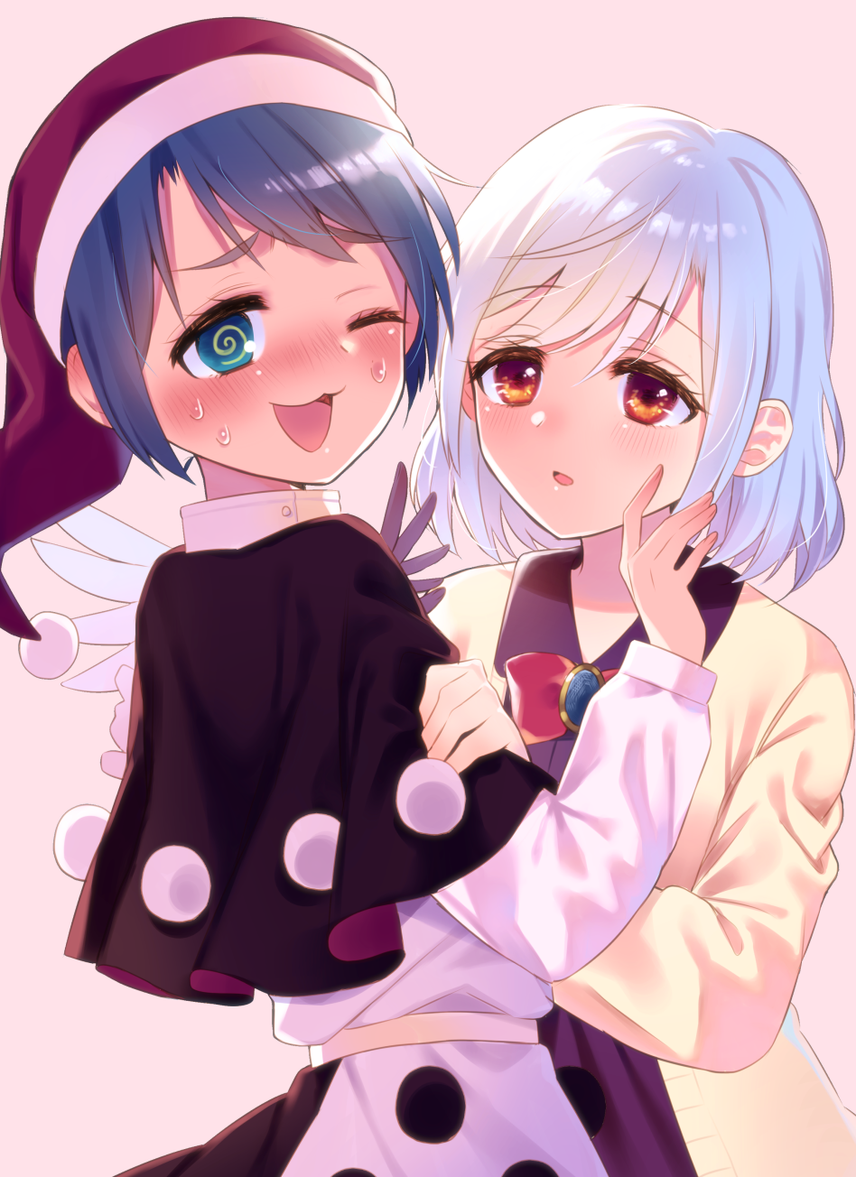 2girls @_@ angel_wings beige_jacket black_capelet blue_eyes blue_hair blush bow bowtie brown_eyes capelet doremy_sweet eyebrows_visible_through_hair furrowed_brow hair_between_eyes hat highres kishin_sagume long_sleeves looking_at_another multiple_girls one_eye_closed open_mouth pom_pom_(clothes) red_neckwear santa_hat shirt short_hair silver_hair sweatdrop touhou touya_(konpekitou) wings yuri