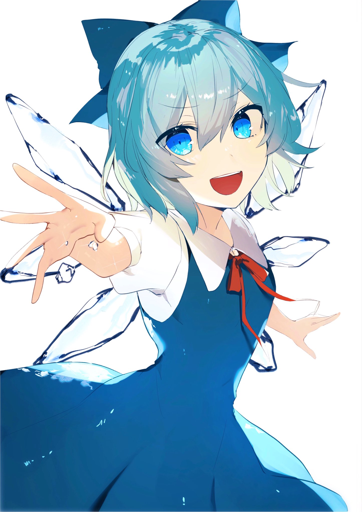 1girl blue_dress blue_eyes blue_hair bow cirno dress hair_bow highres ice ice_wings ikasoba outstretched_arm outstretched_arms puffy_short_sleeves puffy_sleeves red_neckwear short_hair short_sleeves simple_background smile touhou white_background wings