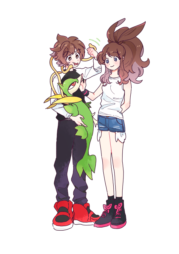 1boy 1girl black_pants boots brown_eyes brown_hair commentary_request curly_hair denim denim_shorts gen_5_pokemon hagetapo high_ponytail hilbert_(pokemon) hilda_(pokemon) holding holding_pokemon long_hair long_sleeves pants pokemon pokemon_(creature) pokemon_(game) pokemon_bw red_footwear servine shirt shoes short_hair short_shorts shorts sidelocks simple_background sleeveless sleeveless_shirt standing white_background white_shirt wristband