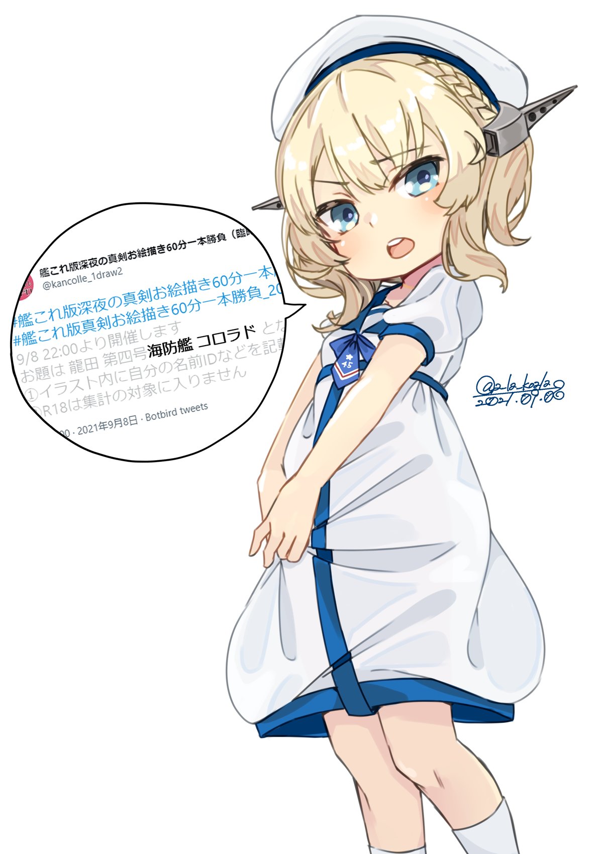 1girl alakoala blonde_hair blue_eyes colorado_(kancolle) cosplay dated dress eyebrows_visible_through_hair feet_out_of_frame hat headgear highres kaiboukan_no._4_(kancolle) kaiboukan_no._4_(kancolle)_(cosplay) kantai_collection kneehighs open_mouth sailor_hat short_hair short_sleeves simple_background solo translation_request twitter twitter_username upper_teeth white_background white_dress white_headwear white_legwear