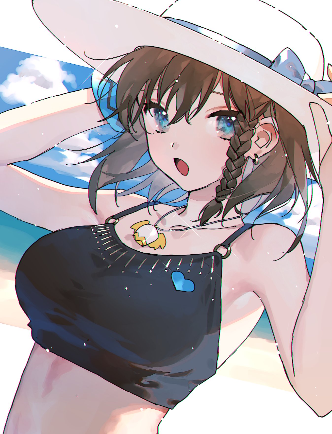 1girl beach bikini bikini_top blue_eyes braid breasts brown_hair charlotte_corday_(fate) charlotte_corday_(swimsuit_caster)_(fate) earrings fate/grand_order fate_(series) hat highres holding holding_clothes holding_hat jewelry pendant seiya_ingen sun_hat swimsuit