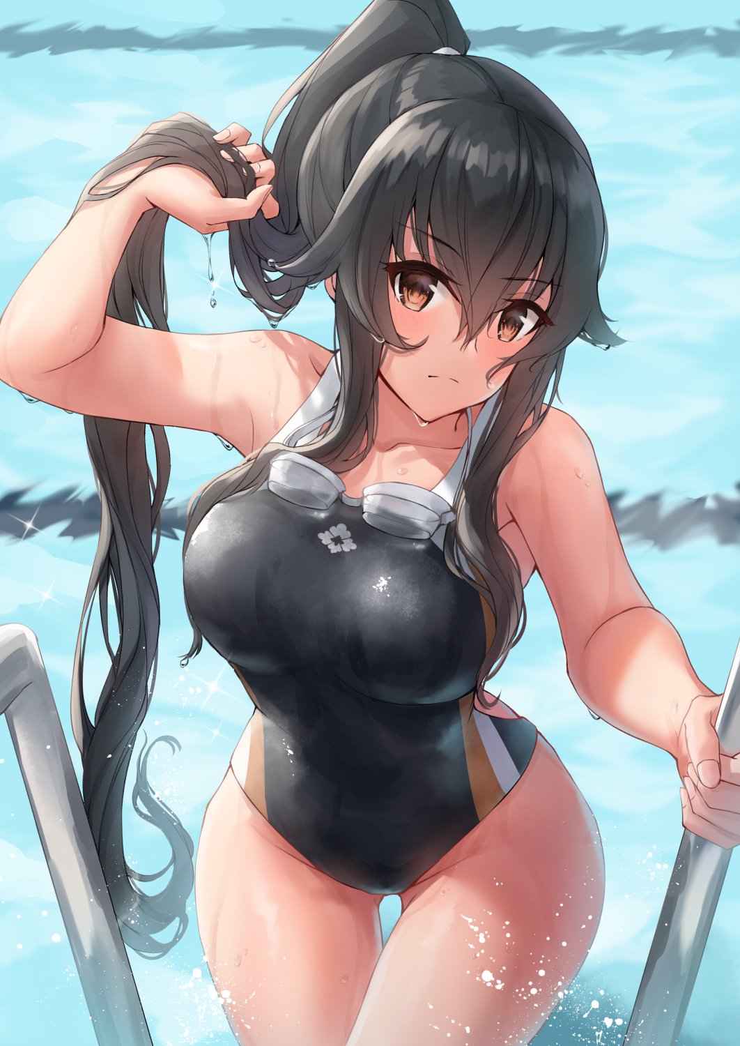 1girl bangs black_hair breasts brown_eyes closed_mouth eyebrows_visible_through_hair goggles goggles_around_neck hair_between_eyes hair_flaps highres holding holding_hair k_jie kantai_collection large_breasts long_hair looking_at_viewer one-piece_swimsuit ponytail pool pool_ladder sidelocks solo swimsuit very_long_hair water water_drop wet wet_clothes wet_hair wet_swimsuit yahagi_(kancolle)