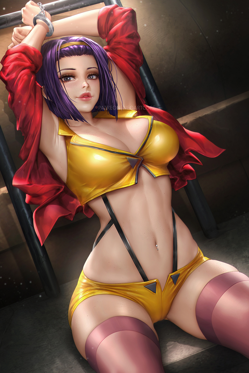 1girl armpits arms_up black_hair breasts cowboy_bebop cowboy_shot cuffs faye_valentine hairband handcuffs large_breasts linea_alba navel neoartcore parted_lips pink_legwear red_shirt shirt short_hair shorts sitting skindentation smile solo thigh-highs yellow_hairband yellow_shorts