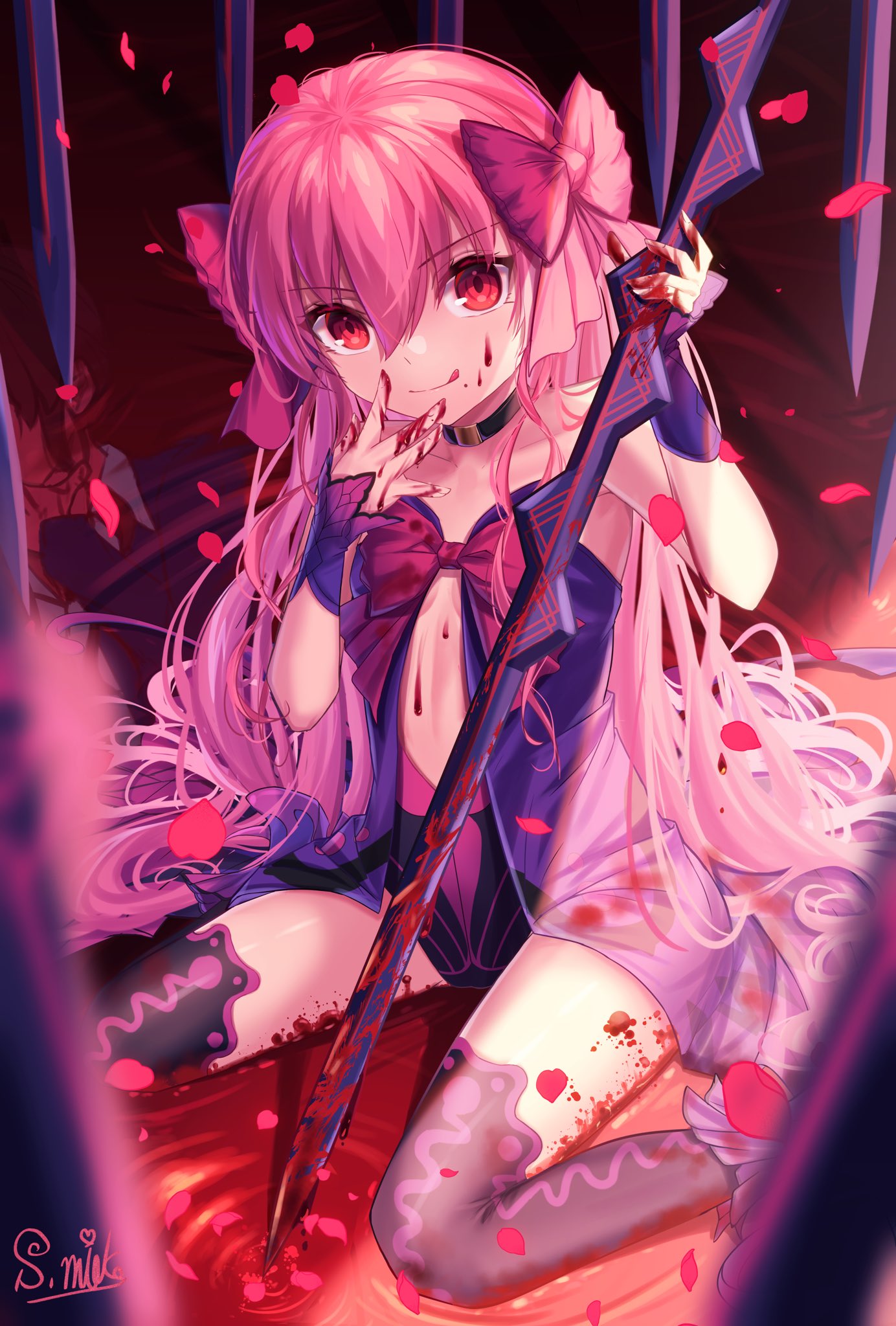 1girl :q babydoll bangs bare_shoulders black_choker black_legwear black_neckwear blood blood_on_arm blood_on_chest blood_on_clothes blood_on_face blood_on_hands blood_on_leg blood_on_weapon blurry blurry_foreground bow breasts breasts_apart choker closed_mouth clothing_cutout dead_apostle_noel_(tsukihime) eyebrows_visible_through_hair hair_between_eyes hair_bow head_tilt highres holding holding_sword holding_weapon long_bangs long_hair looking_at_viewer multicolored multicolored_clothes multicolored_legwear nattsu_(nattu888_8) no_bra noel_(tsukihime) petals pink_bow pink_hair pool_of_blood red_eyes rose_petals sidelocks signature sitting sleeveless small_breasts smile solo spoilers sword thigh-highs thighs tongue tongue_out tsukihime tsukihime_(remake) upturned_eyes very_long_hair wariza weapon wrist_cuffs younger