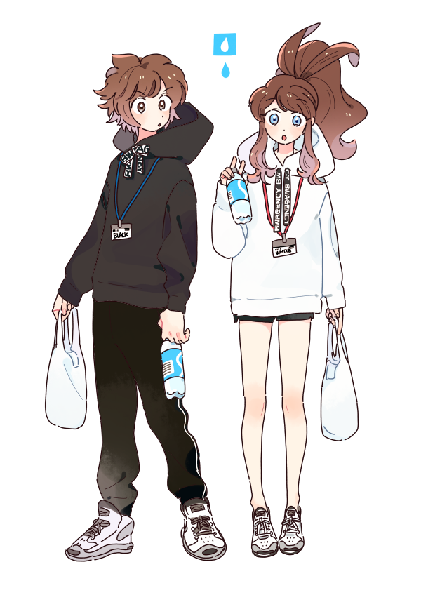 1boy 1girl :o alternate_costume bag bangs black_(pokemon) black_pants blush bottle brown_eyes brown_hair character_name commentary_request hagetapo high_ponytail hilbert_(pokemon) hilda_(pokemon) holding holding_bag holding_bottle hood hood_down hoodie knees lanyard long_hair long_sleeves pants pokemon pokemon_adventures shoes shopping_bag short_hair sidelocks sneakers standing white_(pokemon) white_hoodie