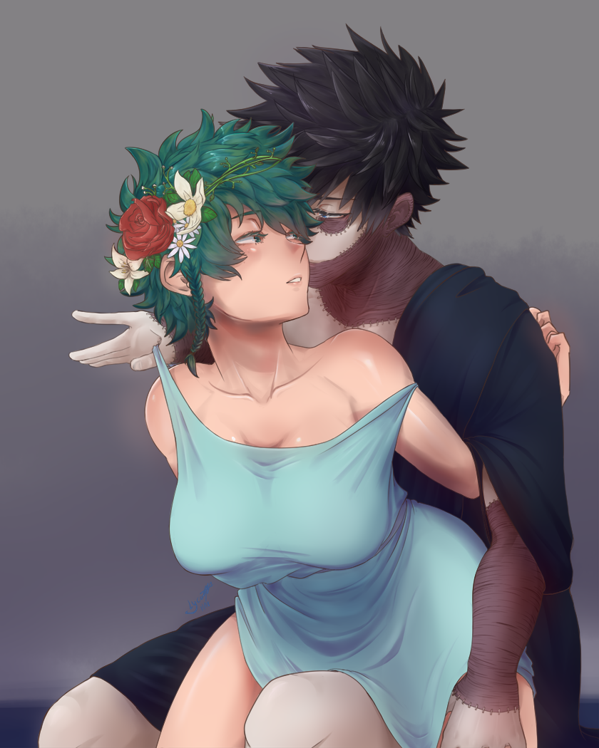 1boy 1girl bangs bare_shoulders black_hair black_pants blush boku_no_hero_academia breasts burn_scar collarbone commission dabi_(boku_no_hero_academia) dress english_commentary flower genderswap genderswap_(mtf) gradient gradient_background green_eyes green_hair grey_background grey_dress hair_flower hair_ornament half-closed_eye head_wreath hetero large_breasts looking_at_another looking_back midoriya_izuku notlyco off_shoulder pants red_flower scar scar_on_face shiny shiny_skin short_hair white_flower