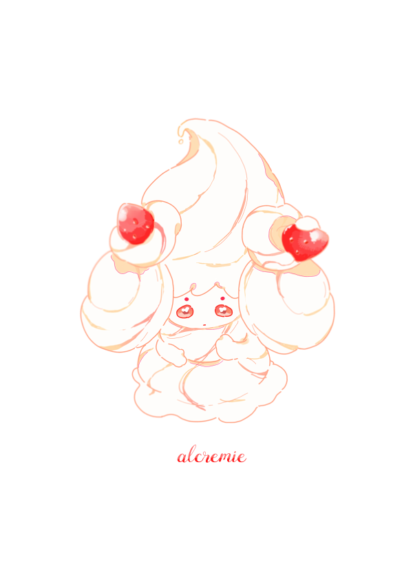 alcremie alcremie_(strawberry_sweet) character_name closed_mouth food fruit full_body gen_8_pokemon hagetapo hands_up no_humans pokemon pokemon_(creature) red_eyes simple_background solo strawberry white_background