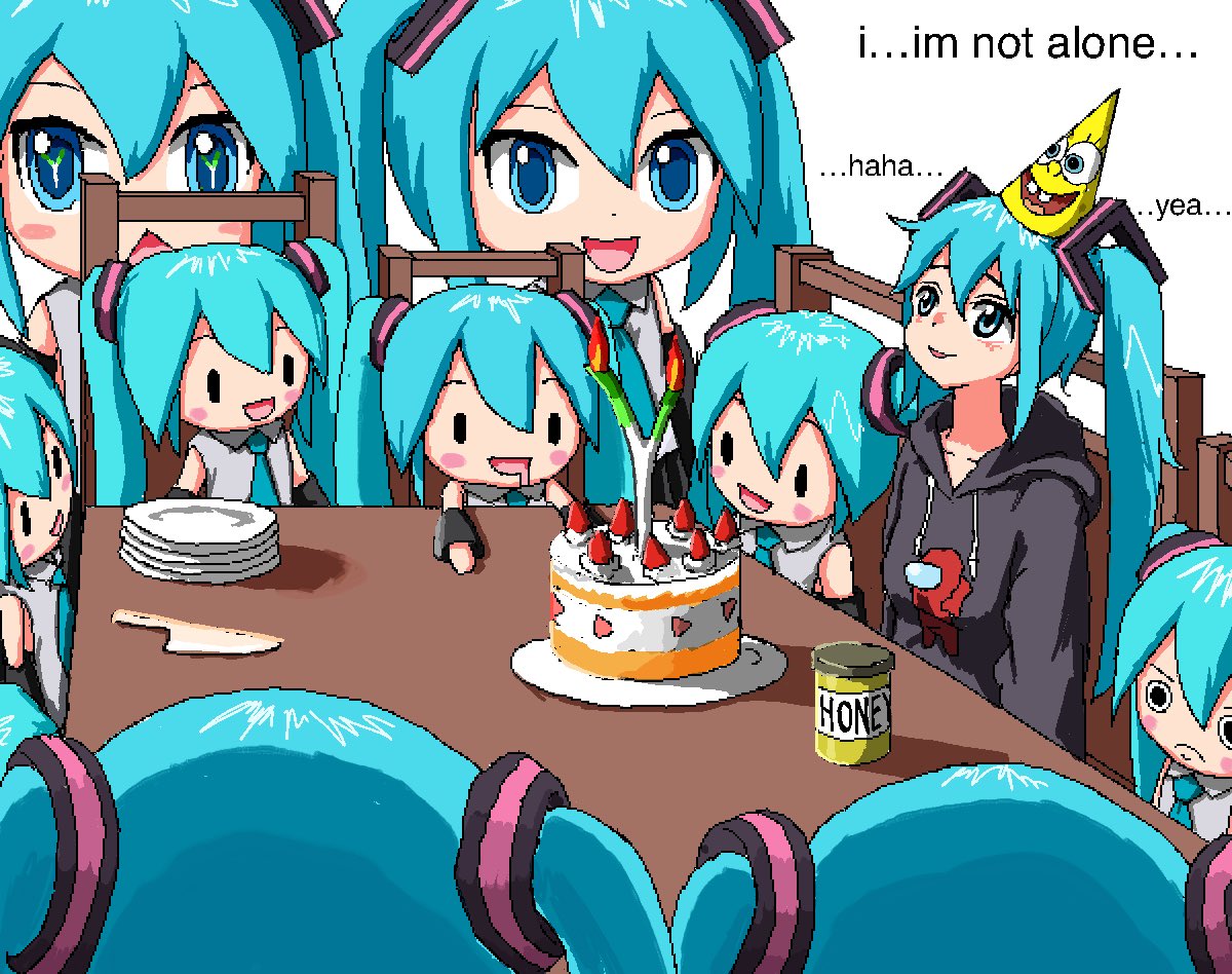 1girl aiu404l among_us birthday_cake birthday_party black_hoodie black_sleeves blue_eyes blue_hair blue_neckwear blush cake chair character_doll closed_mouth collarbone collared_shirt commentary crewmate_(among_us) detached_sleeves drawstring drooling english_commentary english_text food from_behind hat hatsune_miku hood hoodie knife leek lonely long_hair long_sleeves necktie open_mouth parted_lips party_hat pixel_art plate shirt sitting sleeveless sleeveless_shirt smile solo spongebob_squarepants spongebob_squarepants_(character) strawberry_shortcake symbol_in_eye table twintails v-shaped_eyebrows vocaloid white_background white_shirt