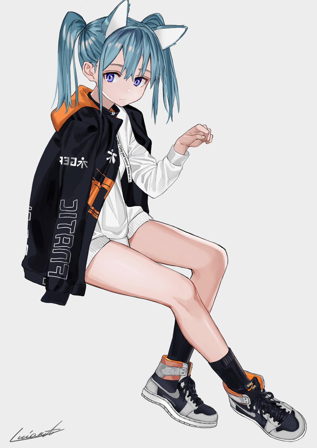 1girl air_jordan animal_ears between_legs black_jacket black_legwear blue_hair cat_ears closed_mouth fingernails fnatic from_side full_body hand_between_legs highres invisible_chair jacket jacket_on_shoulders long_sleeves looking_at_viewer looking_to_the_side luicent medium_hair open_clothes open_jacket original paw_pose shoes signature simple_background sitting sneakers socks solo sweater twintails violet_eyes white_background white_sweater