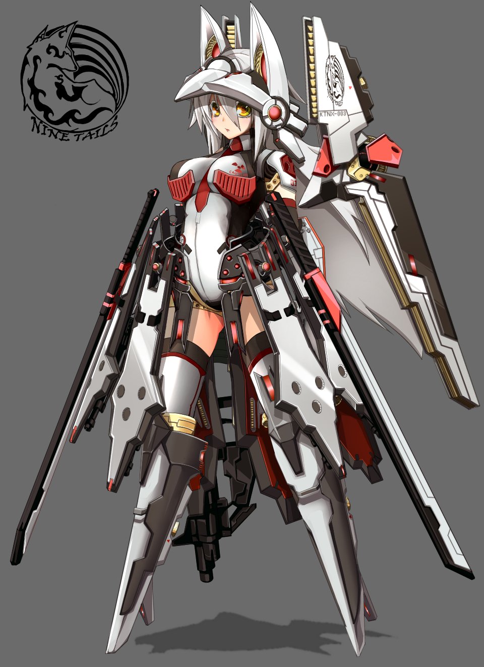 1girl amino_dopple animal_ears between_breasts blush breasts closed_mouth full_body grey_background grey_hair hair_between_eyes highres leotard long_hair looking_at_viewer mecha_musume mechanical_ears mechanical_wings medium_breasts necktie necktie_between_breasts original red_neckwear simple_background solo white_leotard wings yellow_eyes