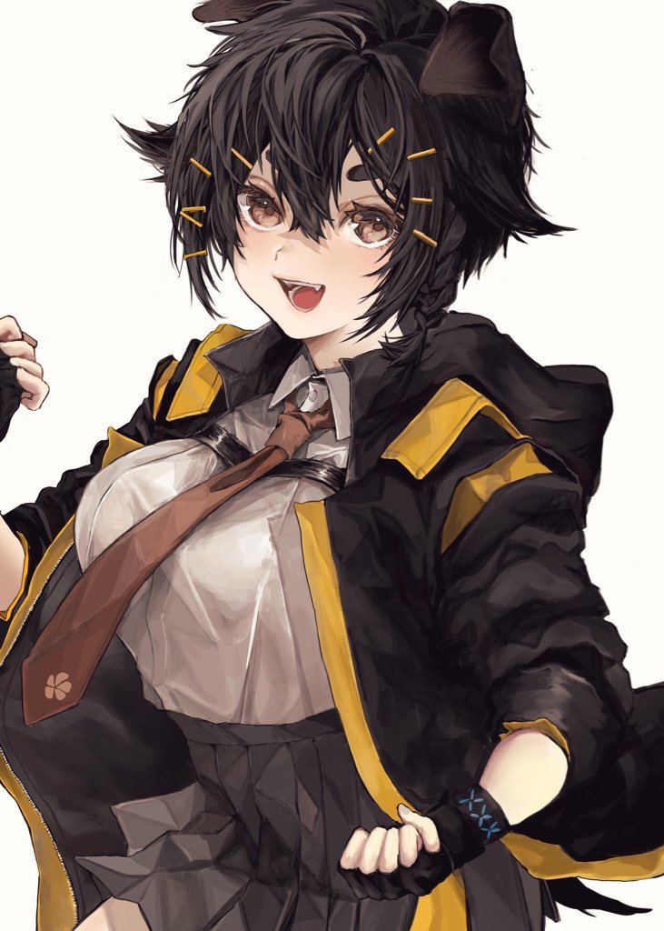 1girl :d animal_ears arknights bangs black_gloves black_hair black_jacket black_skirt breasts brown_eyes brown_neckwear clenched_hands commentary dog_ears fingerless_gloves gloves hair_between_eyes jacket jackie_(arknights) large_breasts long_sleeves looking_at_viewer miniskirt necktie open_mouth pleated_skirt shirt short_hair simple_background skirt smile solo whale_(kujira_0606) white_background white_shirt