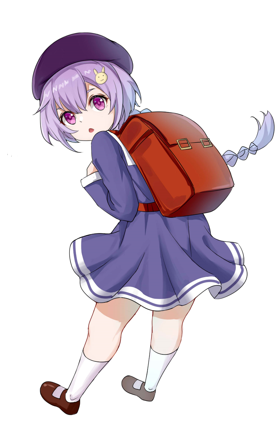 1girl :o alternate_costume backpack bag beret brown_footwear commentary_request dress genshin_impact gerbone23 hair_ornament hat highres light_purple_hair long_hair looking_at_viewer looking_back purple_dress purple_headwear qiqi_(genshin_impact) randoseru school_uniform shoes simple_background socks solo violet_eyes white_background white_legwear