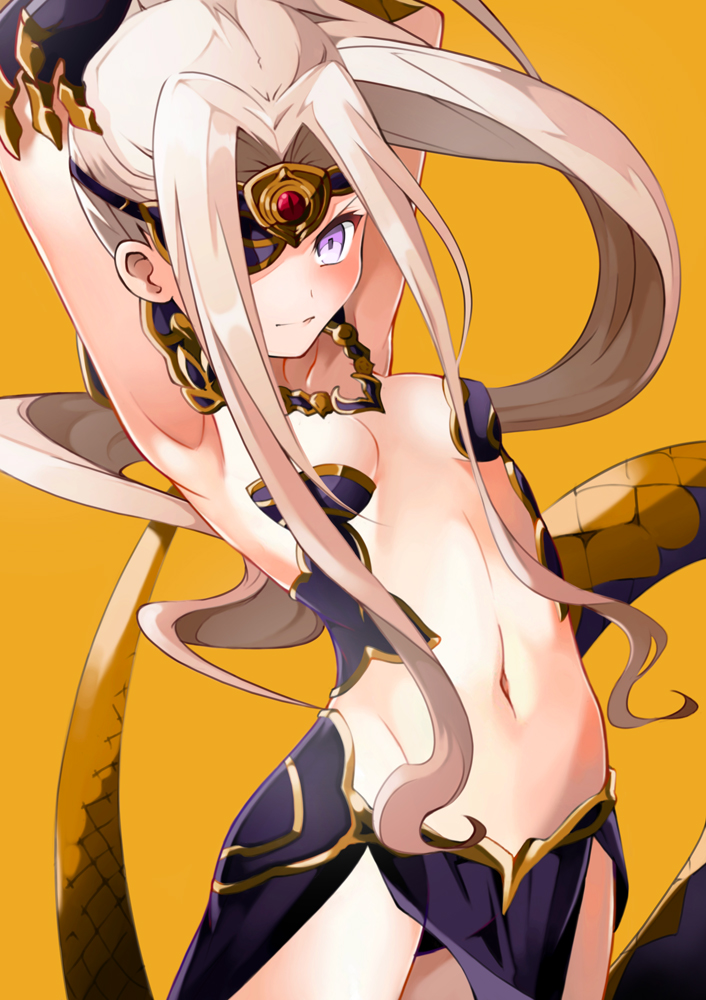 1girl alternate_eye_color armpits arms_behind_head arms_up bangs bare_shoulders blush breasts bustier claws collarbone cosplay eyepatch fate/grand_order fate/kaleid_liner_prisma_illya fate_(series) gorgon_(fate) gorgon_(fate)_(cosplay) illyasviel_von_einzbern long_hair looking_at_viewer medusa_(fate) mochi_(k620803n) monster_girl navel one_eye_covered parted_bangs ponytail scales sidelocks small_breasts smile snake_tail tail violet_eyes white_hair yellow_background