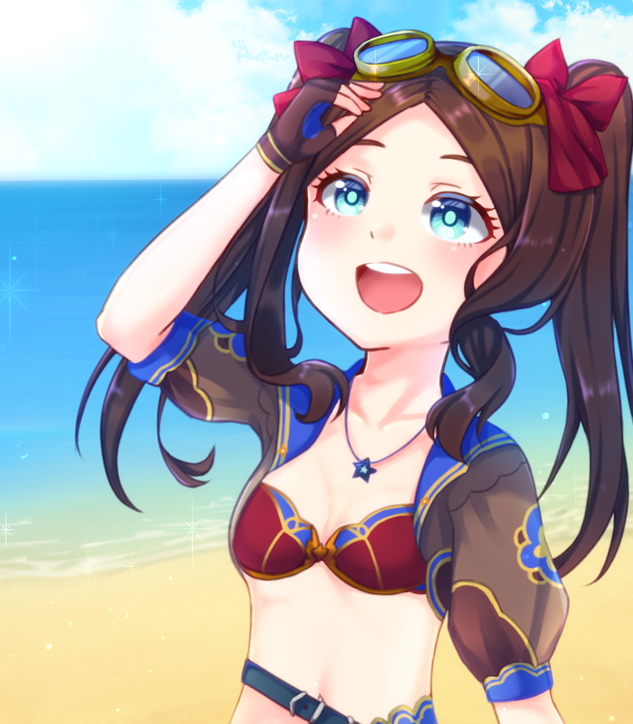 1girl bangs beach bikini bikini_top blue_eyes blue_sky blush breasts brown_gloves brown_hair collarbone fate/grand_order fate_(series) fingerless_gloves forehead gloves goggles hair_ribbon jewelry leonardo_da_vinci_(fate) leonardo_da_vinci_(swimsuit_ruler)_(fate) long_hair looking_up necklace open_mouth parted_bangs puffy_short_sleeves puffy_sleeves red_bikini red_ribbon ribbon shore short_sleeves shrug_(clothing) sidelocks sky small_breasts smile solo swimsuit tsuyuri_(5/7) twintails
