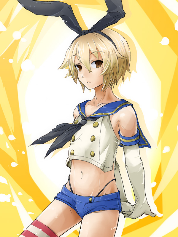 1boy blonde_hair brown_eyes elbow_gloves expressionless fudeyama_(fudeco) g-string genderswap genderswap_(ftm) gloves kantai_collection navel shimakaze-kun shimakaze_(kancolle) short_hair short_shorts shorts solo thong