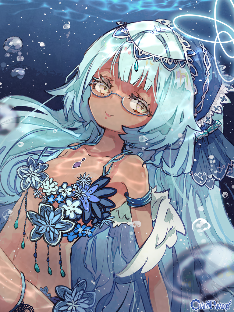 1girl angel angel_wings brown_eyes bubble caustics chain_paradox copyright_name dark-skinned_female dark_skin flower glasses harenochi_hareta light_blue_hair looking_at_viewer midriff official_art smile underwater upper_body white_wings wings