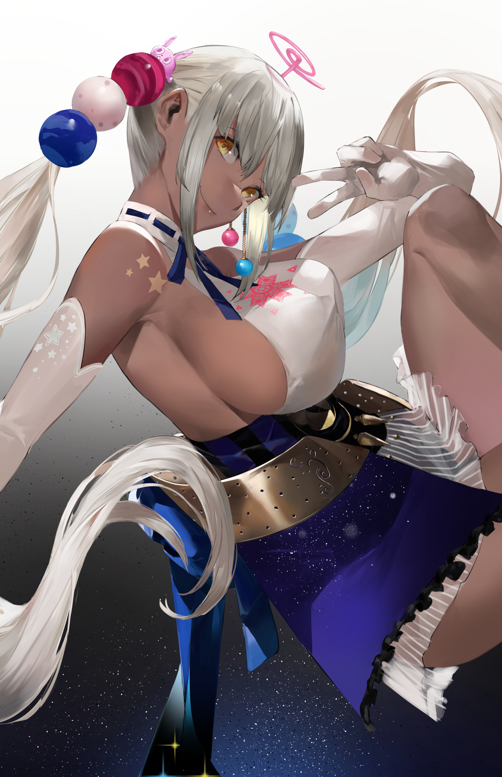 1girl backless_outfit bare_shoulders blazpu blue_bow blue_leotard blue_skirt bow bow_skirt breasts closed_mouth dark-skinned_female dark_skin elbow_gloves gloves hair_ornament halter_top halterneck highres hololive hololive_english large_breasts leotard leotard_under_clothes limiter_(tsukumo_sana) long_hair looking_at_viewer miniskirt overskirt planet_hair_ornament pleated_skirt see-through_skirt sideboob sidelocks silver_hair skirt smile solo starry_sky_print tsukumo_sana twintails underbust v very_long_hair virtual_youtuber white_gloves white_skirt yellow_eyes